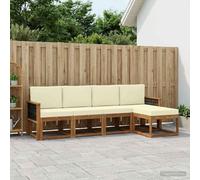 YunCangg Set di divani da esterni, 5 pezzi, in poliestere naturale e crema, con legno di acacia, modulari, per giardino, terrazza, balcone, set completo, salvaspazio, per rilassarsi e mangiare