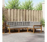 YunCangg Set di divani da esterno in legno massello di acacia con cuscini in grigio chiaro e naturale, 4 pezzi, modulare per giardino, terrazza, balcone, comodo set per rilassarsi e mangiare