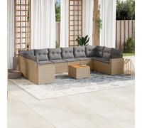 YunCangg Set di divani da giardino da 11 pezzi, beige, con cuscino, in polyrattan, resistente alle intemperie, set lounge per terrazza, balcone, con tavolo in legno di acacia e spazio per il relax