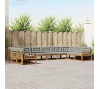 YunCangg Set di divani per esterni, 10 pezzi, in legno di acacia massiccio, con cuscini in grigio chiaro e naturale, per giardino, terrazza, balcone, set moderno per sedersi rilassati e un'atmosfera