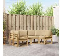 YunCangg Set di divani per esterni, 6 pezzi, bianco e beige, in legno di acacia massiccio con cuscino, resistente alle intemperie, modulare per giardino, terrazza, balcone, comodo set per rilassarsi e