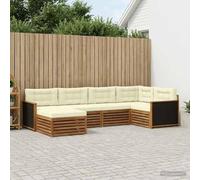 YunCangg Set di divani per esterni, 6 pezzi, naturale e crema, in legno di acacia massiccio, con cuscino, resistente alle intemperie, modulari, per giardino, terrazza, balcone, relax