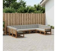 YunCangg Set di divani per esterni, 9 pezzi, in legno di acacia massiccio, con cuscini in grigio chiaro e colori naturali, per giardino, terrazza, balcone, set moderno per sedersi rilassati e