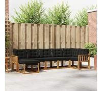YunCangg Set di divani per esterni con cuscini, 7 pezzi, naturale e nero, in legno di acacia massiccio, 306 x 128,5 x 73 cm, set completo per giardino, terrazza, balcone, resistente alle intemperie