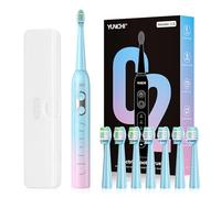 YUNCHI C2 Spazzolino elettrico per adulti e bambini, spazzolino sonico ricaricabile USB-C, con 5 modalità e timer intelligente da 2 minuti, setole morbide, 8 testine e custodia da viaggio, rosa e