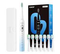 YUNCHI C2 Spazzolino elettrico per adulti e bambini, spazzolino sonico ricaricabile USB-C, con 5 modalità e timer intelligente da 2 minuti, setole morbide, 8 testine e custodia da viaggio, azzurro e