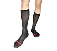 YUNGLOO Calze da uomo in nylon velato per abito da lavoro a righe a contrasto con abito formale sopra il polpaccio calze da uomo in seta, Linee rosse e nere, Taglia unica