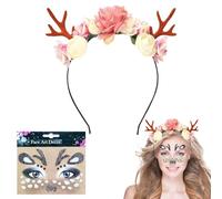 YUNHENTONG Cerchietto con Corna di Cervo + Tatuaggio Faccia di Cervo,Cerchietto per capelli con corna di renna Fascia per la Renna per Carnevale Halloween