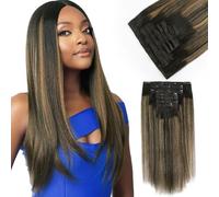 Yuniffe Yaki - Extension per capelli lisci con clip, per donne nere, due tonalità, radici, da nero a pianoforte nero #1B misto con biondo caramello #27, doppia trama, Remy Yaki, clip per capelli in