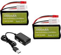 YUNIQUE GREEN-CLEAN-POWER - 2 Pezzi 7.4V 3000mah 15C 2S batteria agli ioni di litio con spina JST-2P con caricabatterie 2-in-1 per UDIRC UD1601 UD1602 SG1603 RC Car 1/10, 1/12, 1/16 Scala Truck RC