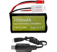 YUNIQUE GREEN-CLEAN-POWER - 7.4V 3000mah 15C 2S Li-ion batteria con spina JST-2P con cavo di ricarica USB per UDIRC UD1601 UD1602 SG1603 RC Auto 1/10, 1/12, 1/16 Scala Camion RC Barca RC Drone