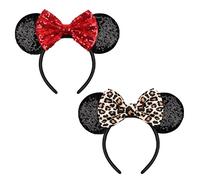 YUNISS 2 cerchietti per capelli con orecchie di Minnie e Topolino, con paillettes lucide, per adulti, donne, ragazze, Natale, feste di compleanno (rosso e leopardo)