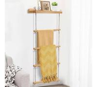 Yunkctuk Scaletta Porta Asciugamani con 1 Ripianoporta, Asciugamani Bagno da Terra con 4 Aste, Scala Legno Decorativa per Bagni, Soggiorni, Camere da Letto (98 * 43 CM)