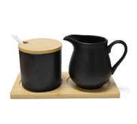 Yunlaishaocer Set di latte e zucchero in ceramica con coperchio, brocca per il latte e zuccheriera su vassoio di legno, elegante servizio per il caffè, adatto al microonde e alla lavastoviglie (nero)