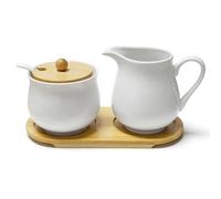 Yunlaishaocer Set di latte e zucchero in ceramica con coperchio, brocca per latte e zuccheriera su vassoio di legno, elegante servizio per tè, microonde e lavastoviglie (bianco)