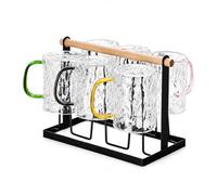 Yunmeryker Set caraffa e bicchieri borosilicato, caraffa con coperchio 320ml, bicchieri trasparenti con manico e portabicchieri, 6 pezzi, Manici multicolore (verde, ner