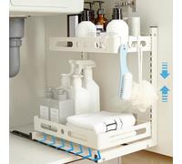 YunNasi 2 Livelli Organizer Sottolavello Cucina In Acciaio Inox Organizer Cucina Scaffale sotto Lavandino Regolabile in Altezza Organizzatore Cassetti Scorrevole (Bianco)