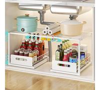 YunNasi Organizer Sottolavello Cucina in Acciaio, Bianco, A-Stile | Altezza & Larghezza Regolabile Organizzatore Cucina con Cassetto Estraibile, 2 Livelli Ripiano Salvaspazio Cucina e Bagno