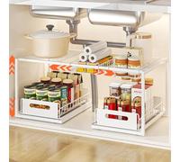 YunNasi Organizer Sottolavello Cucina in Acciaio, Bianco, B-Stile | Altezza & Larghezza Regolabile Organizzatore Cucina con Cassetto Estraibile, 2 Livelli Ripiano Salvaspazio Cucina e Bagno