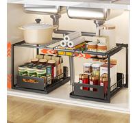 YunNasi Organizer Sottolavello Cucina in Acciaio, Nero, B-Stile | Altezza & Larghezza Regolabile Organizzatore Cucina con Cassetto Estraibile, 2 Livelli Ripiano Salvaspazio Cucina e Bagno