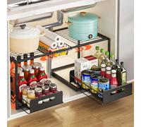 YunNasi Organizer Sottolavello Cucina, Salvaspazio 2 Livelli Cestelli in Acciaio, Cassetto Scaffale Organizzatore Regolabili in Altezza per Cucina Bagno (Nero, A-Stile)