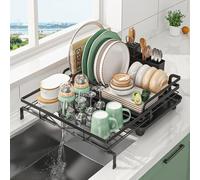 YunNasi Scolapiatti da Appoggio, Scolapiatti da Lavello Espandibile per Cucina, Gocciolatoio per Lavello Regolabile in Acciaio con Portaposate Rimovibile (Nero)