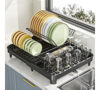 YunNasi Scolapiatti da Lavello Estensibile Nero Scolapiatti da Appoggio Acciaio Inox da Cucina Bancone con Porta Utensili Porta Tazze, 32-52.5 x 41 x 14cm (L)