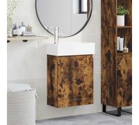 Yunovire Mobile sottolavabo da bagno in legno con lavabo in ceramica e rubinetto miscelatore, 45,5 x 22,5 x 84 cm, con vano portaoggetti e porta reversibile, montaggio a parete