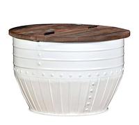 Yunovire Tavolino da salotto in legno anticato bianco massiccio, forma a tamburo, 60 x 40 cm, rotondo, in legno, con spazio di archiviazione, già montato per soggiorno, design unico