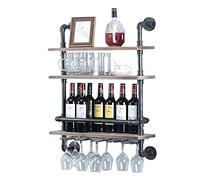 YUNRUX Scaffale per vino, 61 x 20 x 89 cm, per tubi industriali con supporto in vetro, a 3 livelli, da parete, da appendere, per vino a vapore