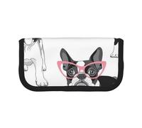 YUNWEIKEJI Frenchie nero Cartoon Bulldog francese Occhiali rosa Cane bianco, Astuccio per matite, Astuccio per matite in tela Astuccio per penne a matita di grande capacità