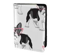 YUNWEIKEJI Frenchie nero Cartoon Bulldog francese Occhiali rosa Cane bianco, Porta passaporto da viaggio in pelle PU Custodia per passaporto Copertine per passaporto da 5,5 pollici