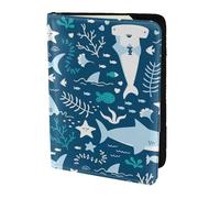YUNWEIKEJI Sorridente squalo animali marini pesci stelle marine blu, Porta passaporto da viaggio in pelle PU Custodia per passaporto Copertine per passaporto da 5,5 pollici