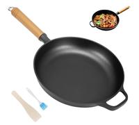 YUNYODA Padella in ghisa a induzione, 27 cm, padella in ghisa per tutti i piani cottura, Cast Iron Pan con doppia maniglia, manico in legno massello, lunga durata