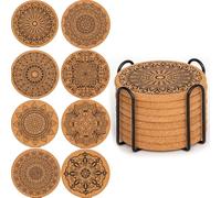 YUNYU Set di 8 sottobicchieri in sughero e legno con supporto, resistenti al calore, antiscivolo, assorbenti, per tavolini, sottobicchieri in legno marrone naturale, accessori per la casa