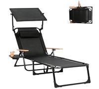 YUODIJIO Sedia Sdraio da Giardino con 4 Schienali Regolabili, Sedia Sdraio mare, con Poggiatesta e Portabevande, Sedie Sdraio da Esterno Adatto per Spiaggia, Giardino, Terrazzo (Nero con parasole)