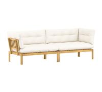 YUOGHRTFE Divano da giardino con pallet, 2 pezzi, in acacia, marrone chiaro | legno massiccio, resistente alle intemperie, lounge angolare con tavolo, cuscino in schiuma, bianco crema