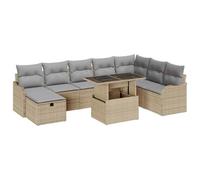 YUOTYRKTEJRSG Design Modulare Polyrattan Antracite Beige 9 Pezzi | Set Divano da Giardino Modulare 9 pezzi con Cuscino Beige Poly Rattan, Salotto Esterno con Tavolino in Vetro e Pouf, Angolo