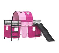 YUOTYRKTEJRSG Kids Loft Bed Frame with Slide and Curtains Black Pink 90x200 cm Metal High Sleeper for Boys Girls Interactive Play Space Space-Saving Design