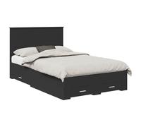 YUOTYRKTEJRSG Modern Storage Bed Frame Black 135x190 cm Engineered Wood Nightstand Platform Bed with 2 Drawers and Silver Handles for Bedroom Guest Room Living Room