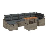 YUOTYRKTEJRSG Polyrattan Grigio Set Moderno 8 Pezzi | Set Divano da Giardino 8 Pezzi Polyrattan Grigio con Tavolino, Angolo e Pouf, Struttura Acciaio, Seduta in Legno Acacia,