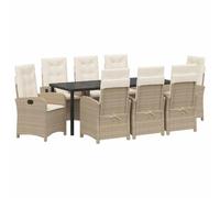 YUOTYRKTEJRSG Set da pranzo polyrattan 8 sedie tavolo vetro Beige | Set da Pranzo Giardino 9 Pezzi con Cuscino Beige Polyrattan Tavolo Outdoor con Piano in Vetro per Terrazza