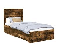 YUOTYRKTEJRSG Smoked Oak and Silver Bed Frame with Storage 75x190 cm, Upholstered Headboard, Wooden Slatted Base, Easy Assembly, Modern Design for Small Bedroom, Guest Room, Urban Living
