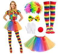 YUPDFGB Costume da Clown per Donne, Include Naso Rosso Calze Sottoveste Arcobaleno Cappello Papillon e Guanti per Adulti Bambini Halloween Cosplay Carnevale
