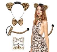 YUPDFGB Costume da Leopardo da Donna, Set di Costumi Gatto con Cerchietti Orecchie da Gatto Coda Papillon e Adesivi Viso, Festa di Compleanno Costume, Carnevale Cosplay Party