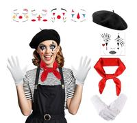 YUPDFGB Costume Mimo Donna, Pantomima Accessori Set con Cappello e Tatuaggio Viso, Costume Pantomima Signore, Costume Cosplay Adulti per Carnevale Halloween