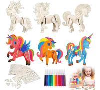 YUPZAR 6 Unicorni in legno 3D da colorare con 12 pennarelli acquerellabili, Set fai da te creativi bambini, decorazioni compleanno unicorno, attività manuali scolastiche e artistiche