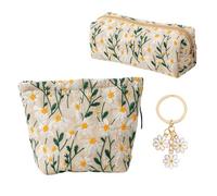 Yuqilin 2 Pezzi Pochette Donna Trucchi Include Portachiavi Beauty Case Donna Due Misure Pochette Trucchi Ricamo a Margherita Trousse da Viaggio Tessuto in Poliestere per Spostamenti (beige)