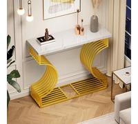 YuQozii 100 x 35 x 80 cm, moderno tavolino lucido, piccolo tavolino per soggiorno, consolle, base dorata può essere installato in due modi (bianco)