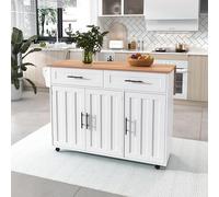 YuQozii 129 x 46 (71) x 91,5 cm, carrello da pranzo con piano pieghevole, ripiani interni nelle ante dell'armadio, isola della cucina su 5 ruote con armadi e 2 cassetti, per la sala da pranzo (bianco)